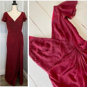 Tadashi Collection Silk Pleated Deep V Neck Maxi Gown